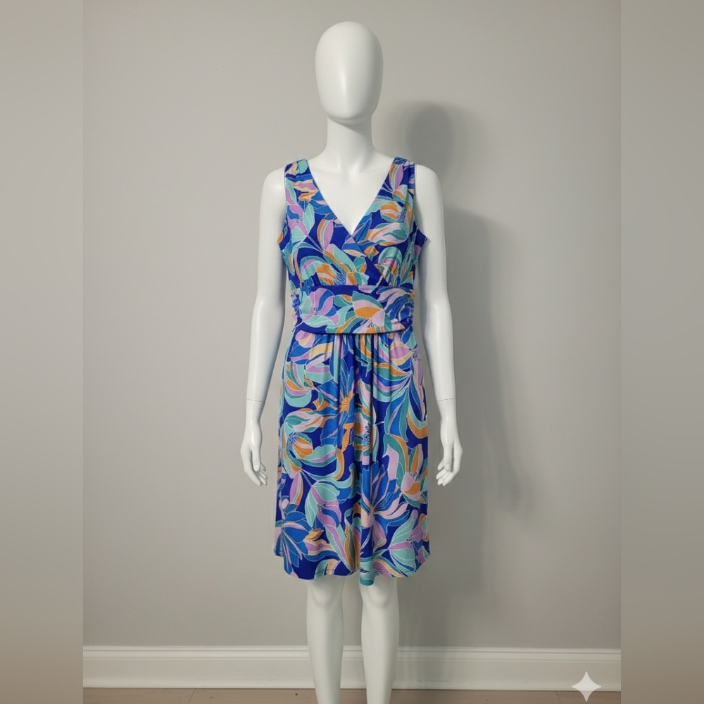 Cappagallo Blue and Pink Patterned Midi Dress